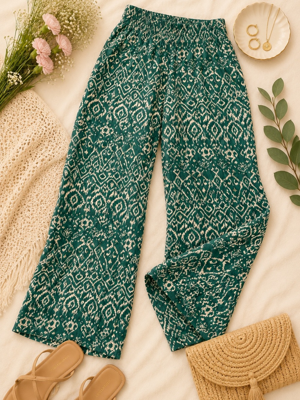 Busem Green Boho Wide Leg Pants | Size 14 | Flowy Ikat Print